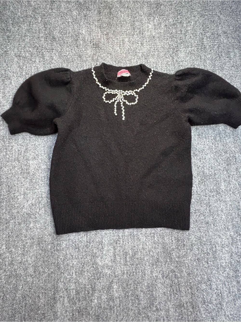 Kate Spade Black Wool Blend Puff Sleeve Sweater with Pearl Bow Accent